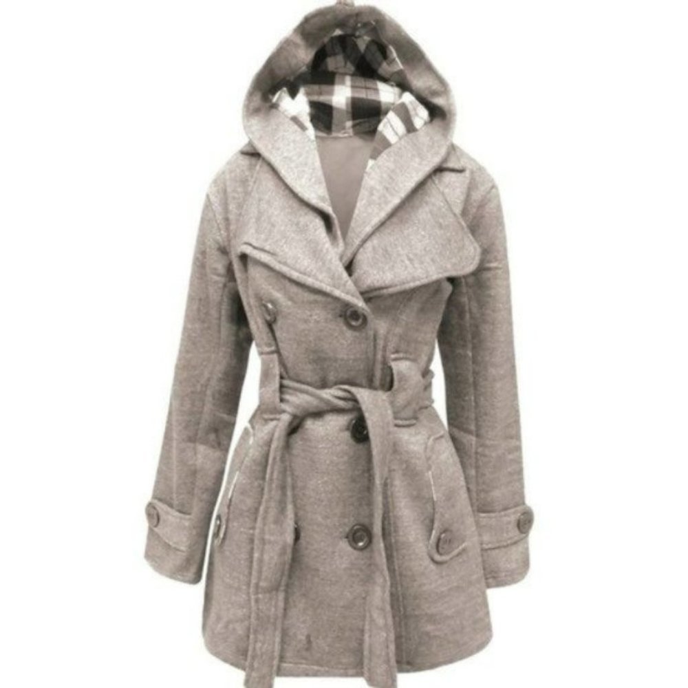 Fleece Jersey Belted Hooded Pea Coat XS